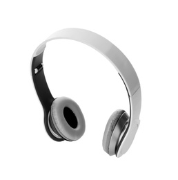 Stylish modern headphones with earmuffs on white background