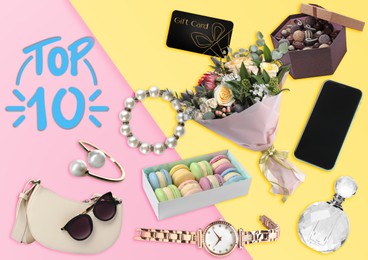 Image of Top ten list of gifts for her on pink and yellow background