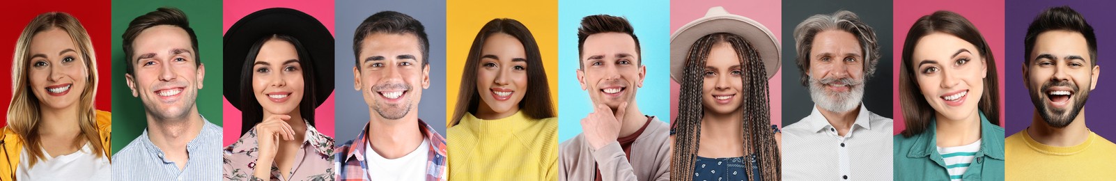 Image of Set with portraits of happy people on different color backgrounds