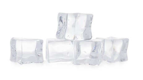 Photo of Many melting crystal clear ice cubes isolated on white