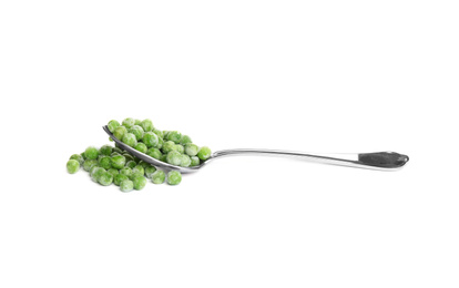 Photo of Frozen peas in spoon isolated on white. Vegetable preservation