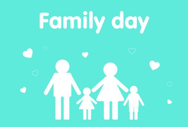 Illustration of Happy Family Day.  parents with their children and hearts on turquoise background