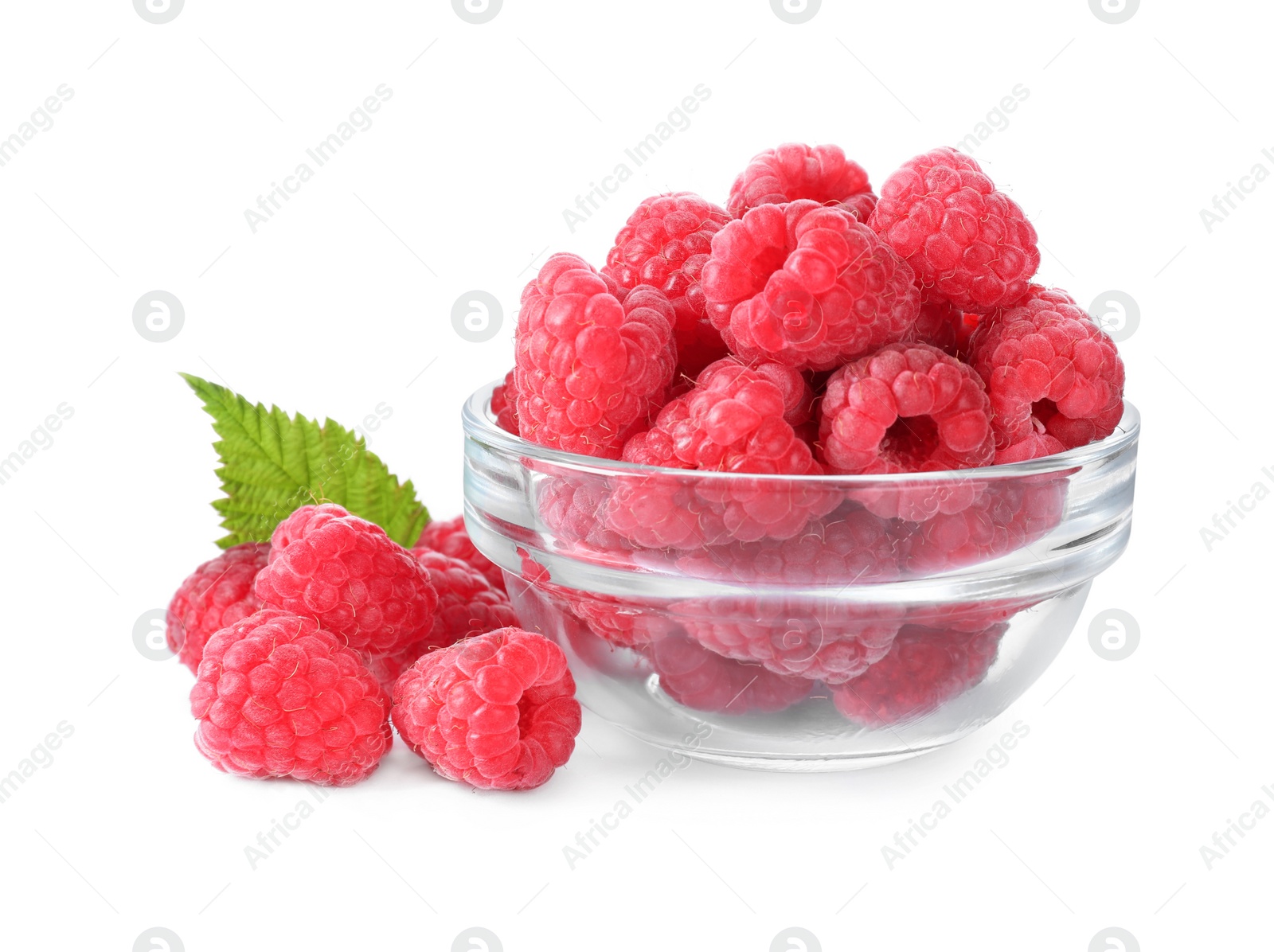 Photo of Delicious fresh ripe raspberries in bowl isolated on white