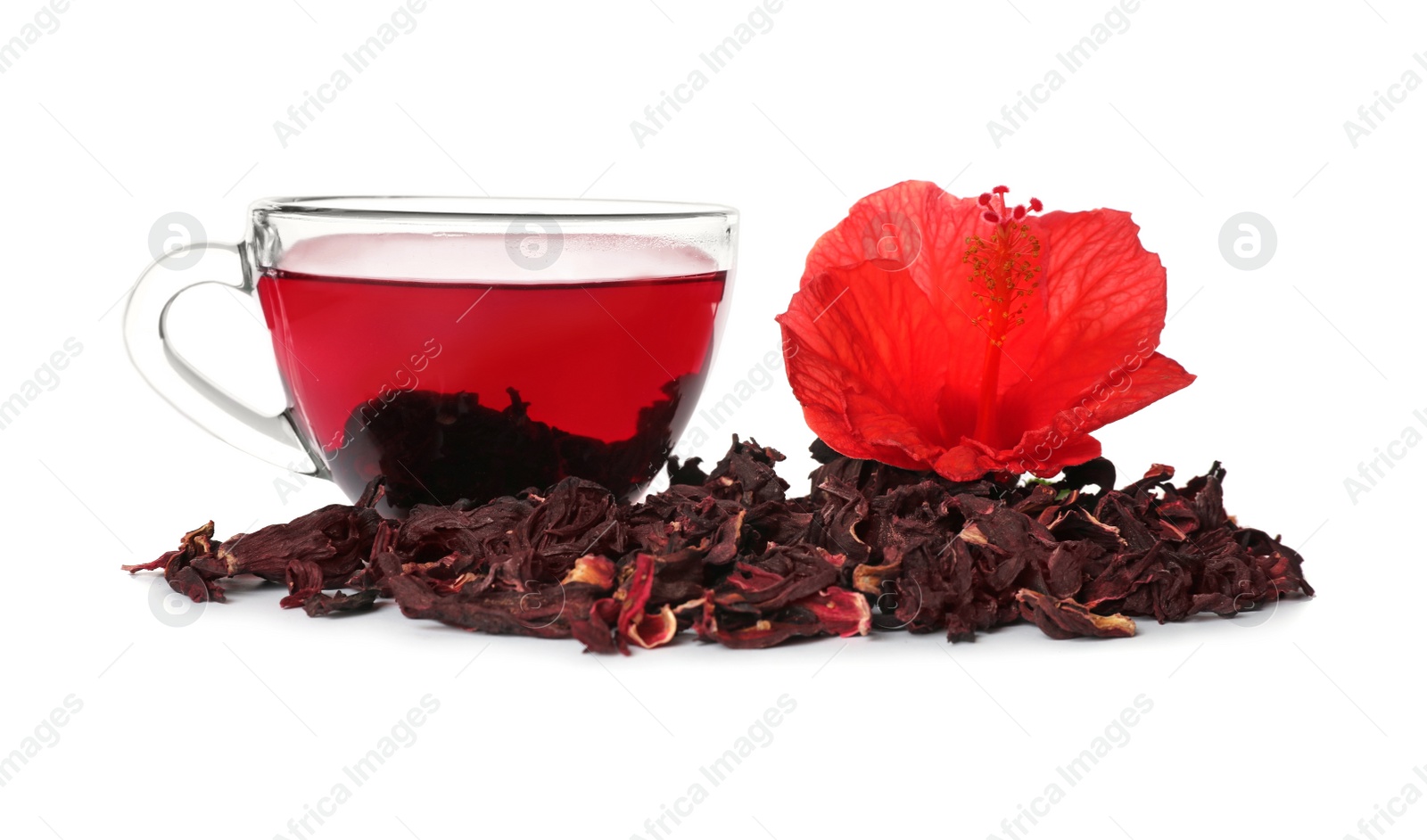 Photo of Delicious hibiscus tea and dry flowers on white background