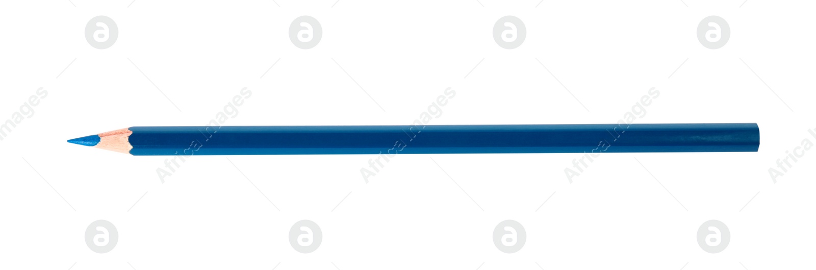 Photo of Blue wooden pencil on white background, top view. School stationery