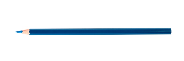 Blue wooden pencil on white background, top view. School stationery
