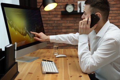 Photo of Forex trader talking on phone while working with computer in office