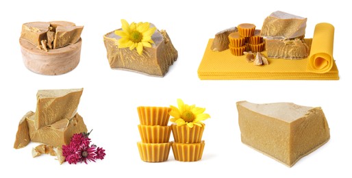 Set with natural organic beeswax on white background