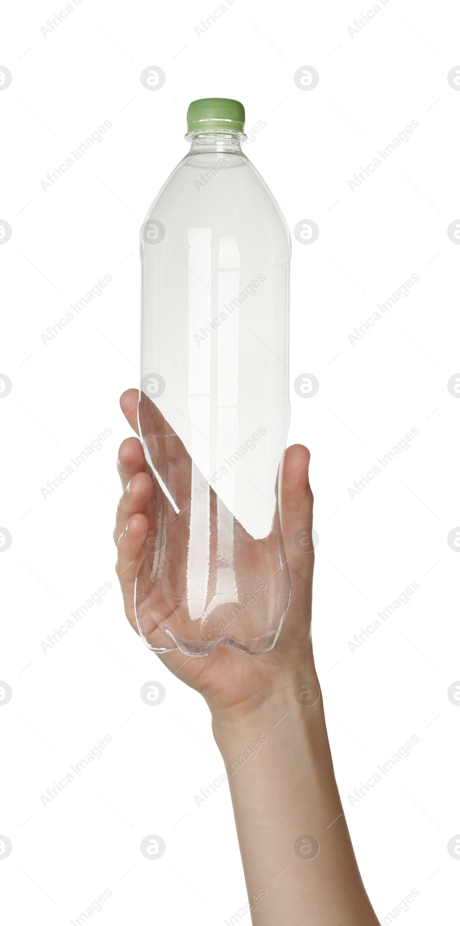 Photo of Woman holding plastic bottle on white background, closeup