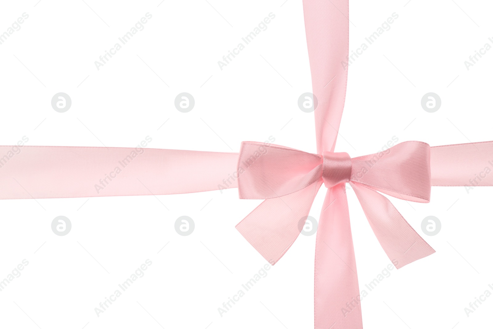 Photo of Pink ribbon with bow on white background. Decoration for gift box