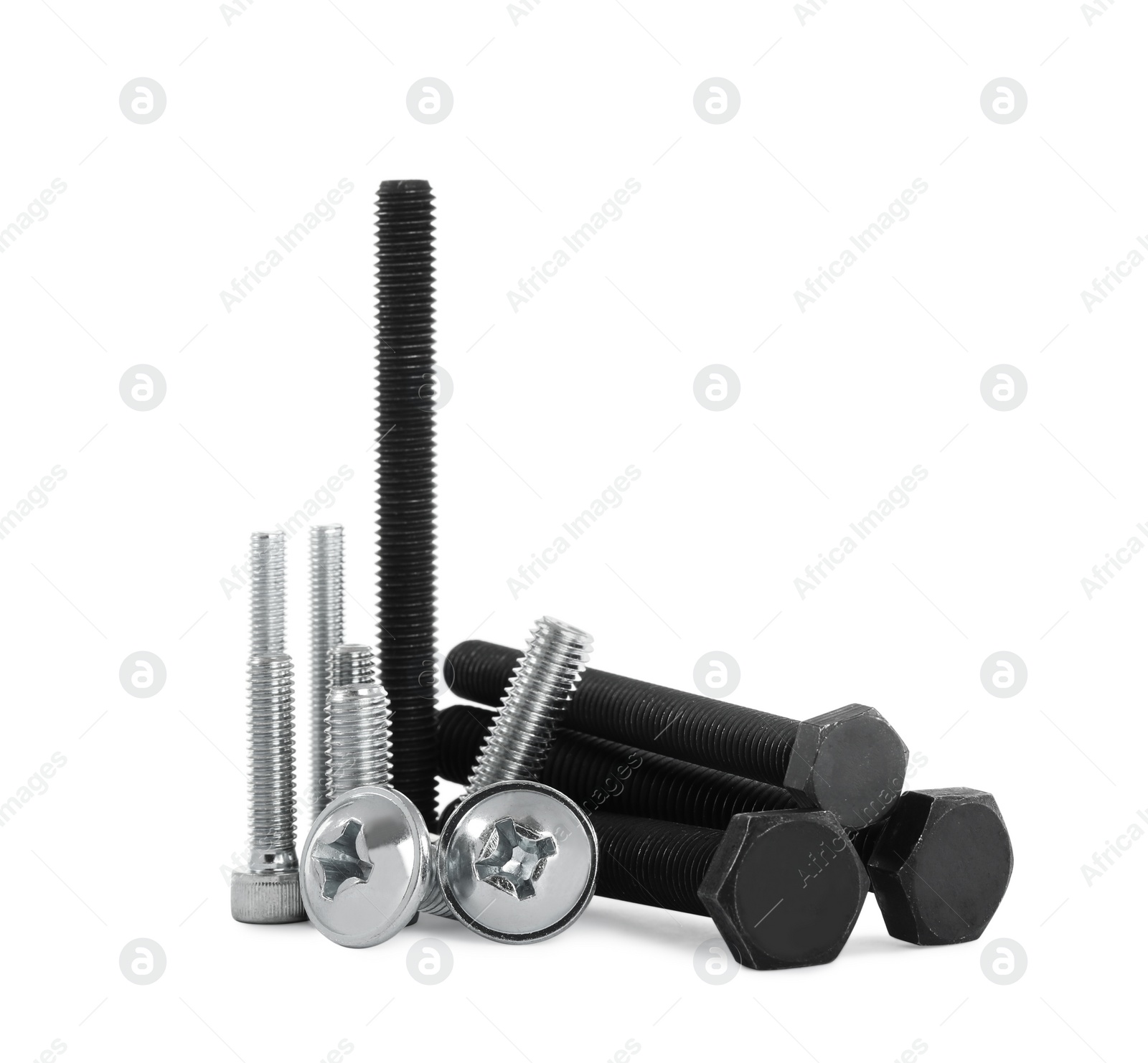 Photo of Many different metal bolts on white background