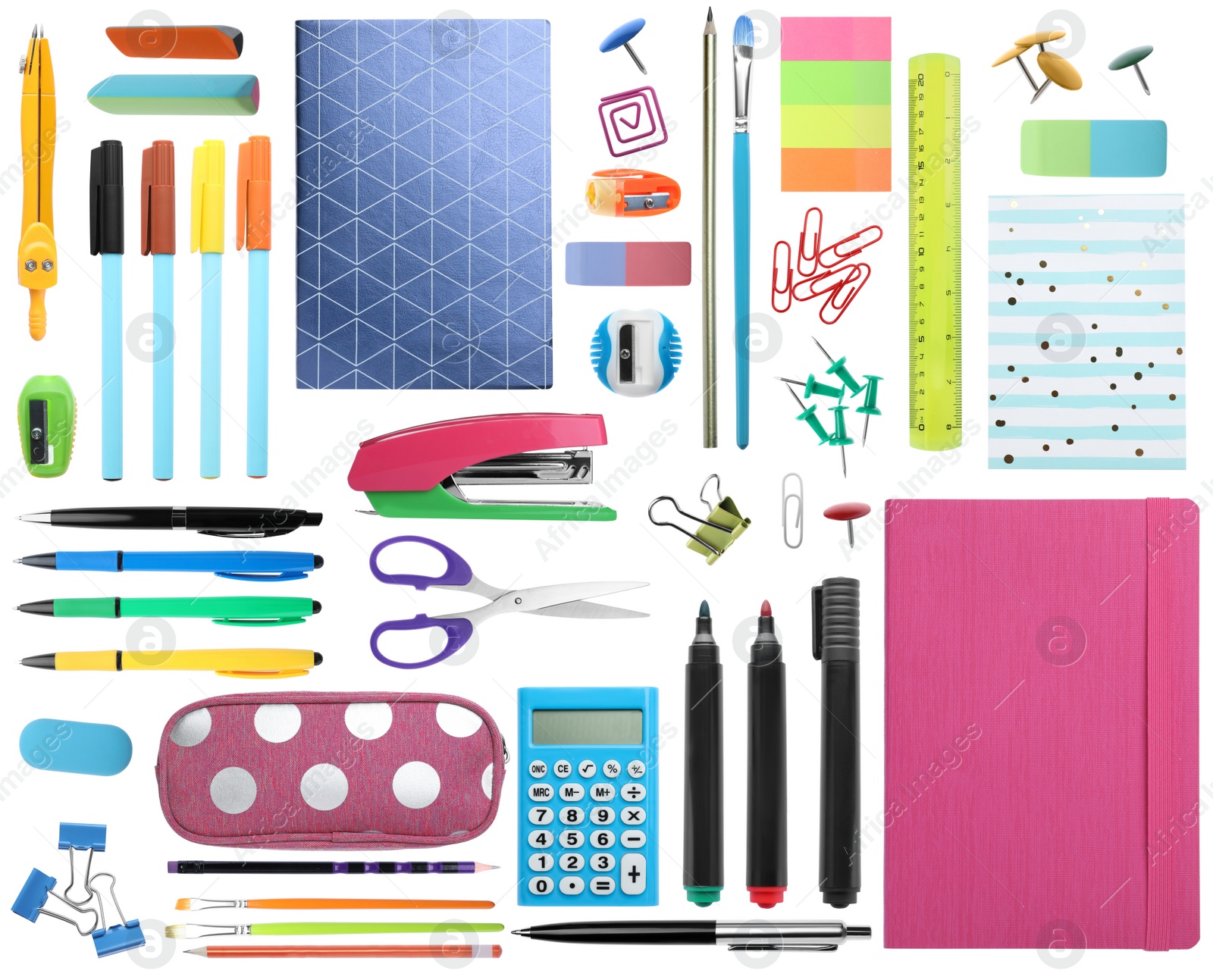 Image of Set of bright school stationery on white background