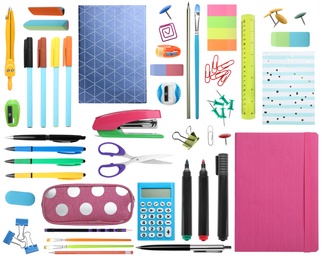 Set of bright school stationery on white background