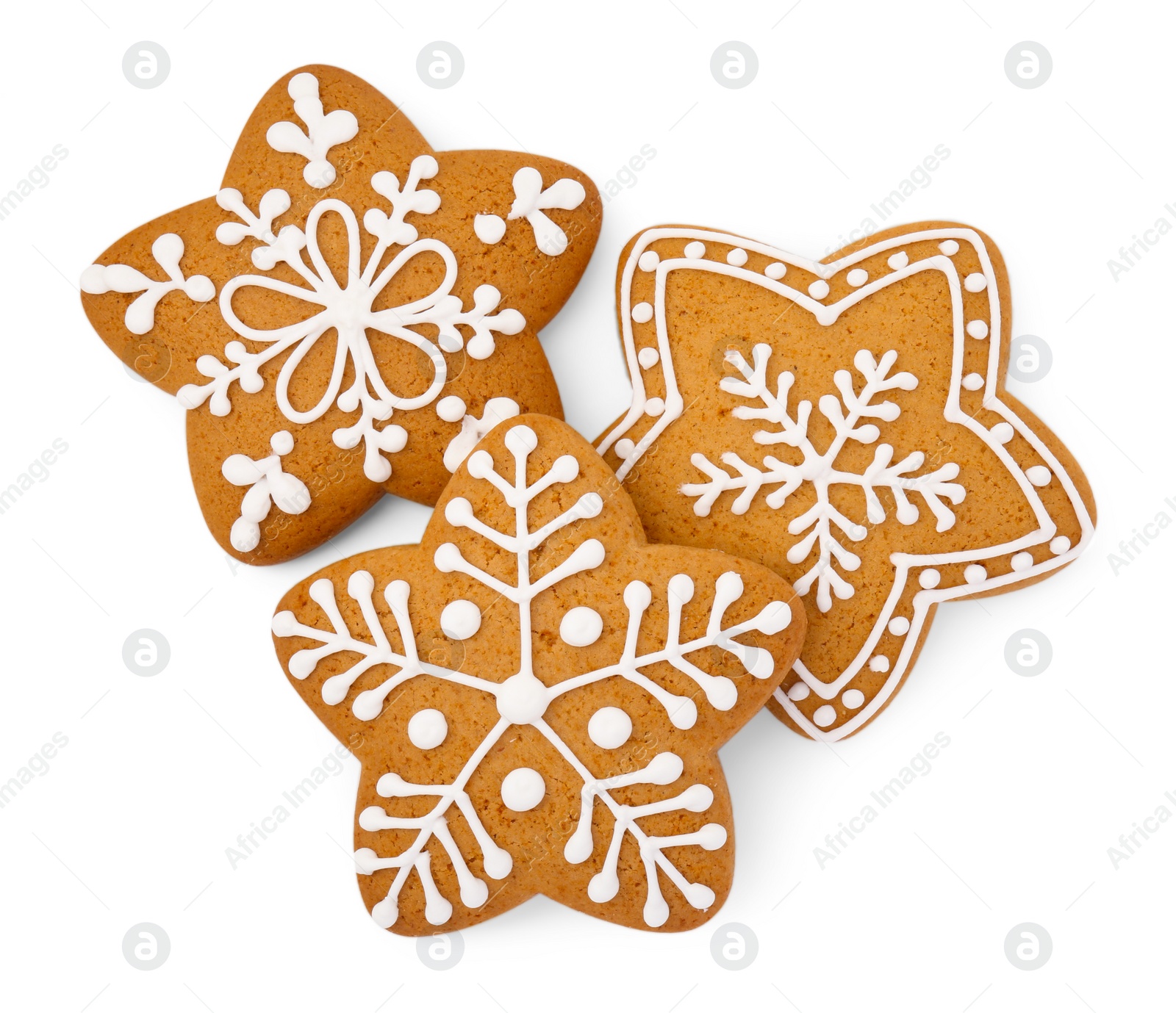 Photo of Tasty star shaped Christmas cookies with icing isolated on white, top view