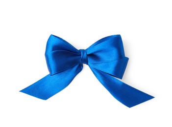 Photo of Blue satin ribbon bow on white background, top view