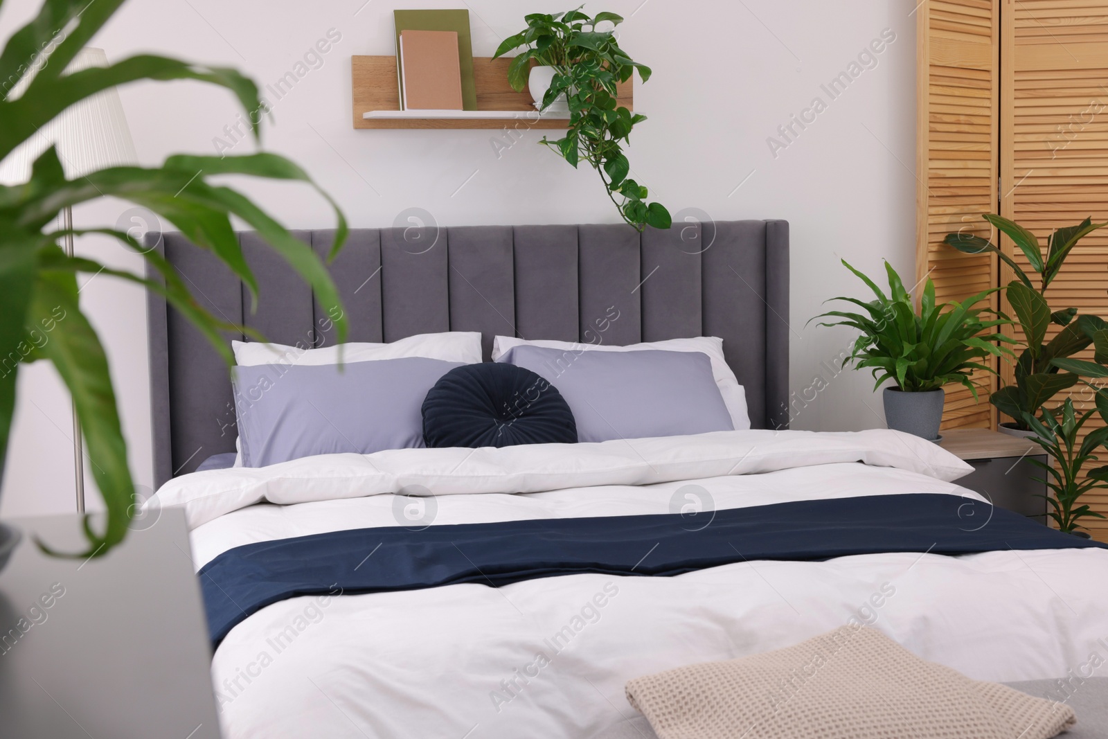 Photo of Beautiful green houseplants and bed in room. Bedroom interior