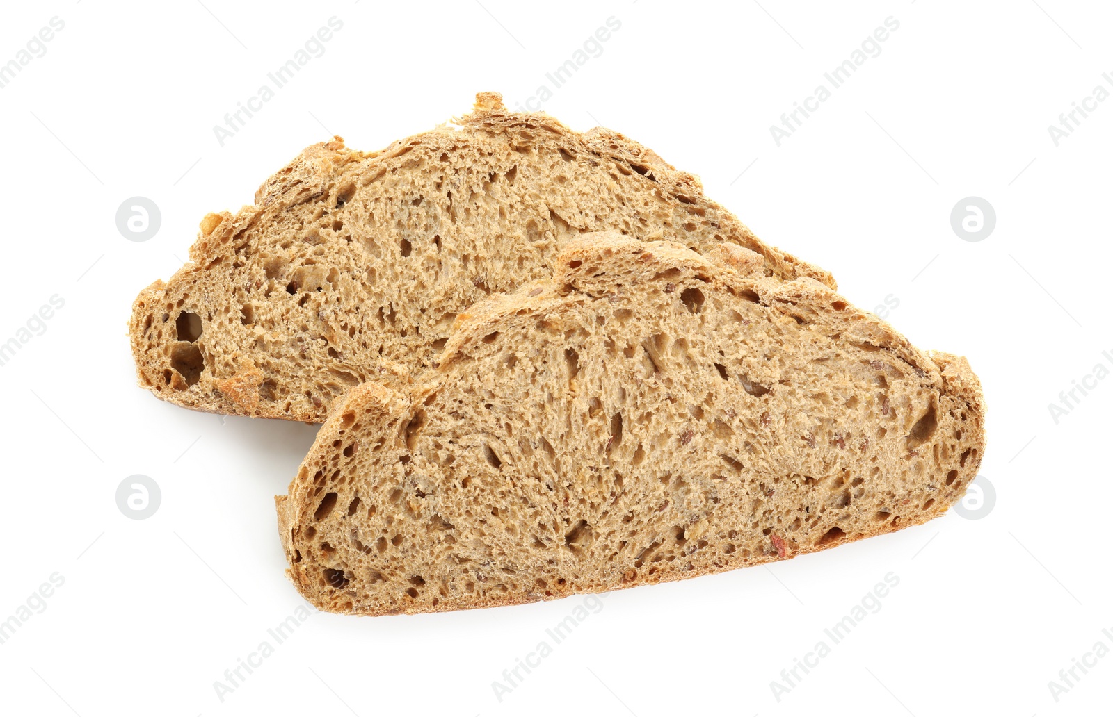 Photo of Slices of freshly baked sourdough bread isolated on white