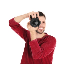 Photo of Male photographer with camera on white background