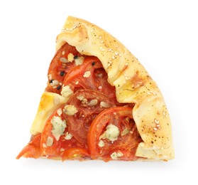Photo of Piece of tasty galette with tomato and cheese (Caprese galette) isolated on white, top view