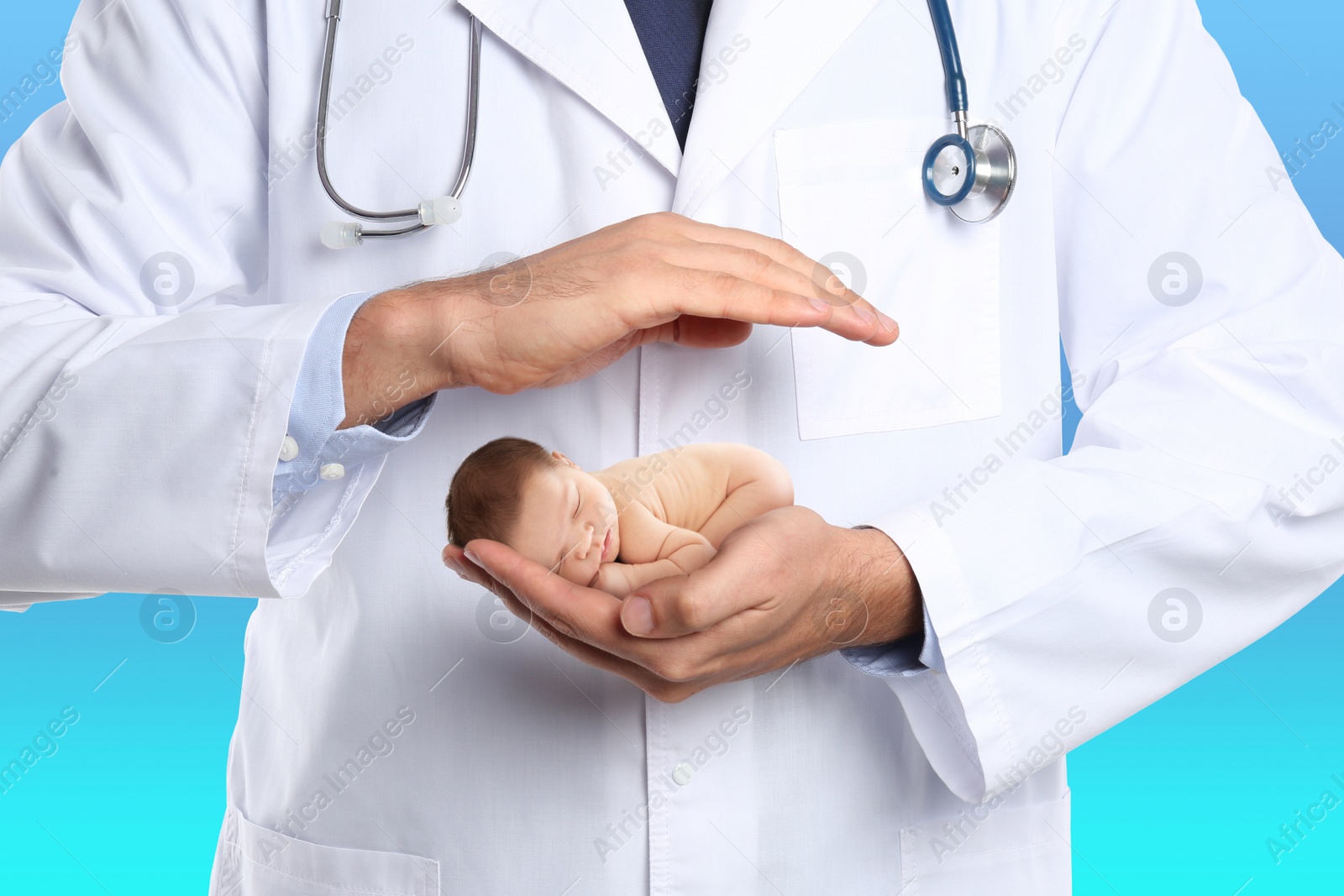 Image of Surrogacy concept. Doctor holding adorable newborn baby on blue background, closeup