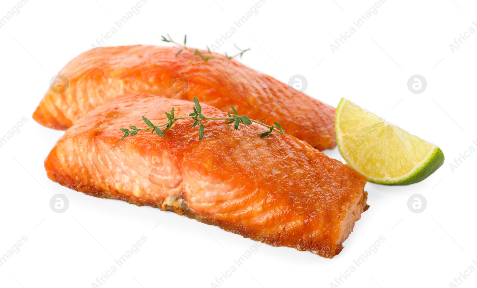 Photo of Delicious roasted fish with thyme and lime isolated on white
