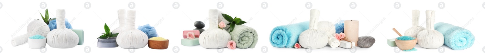 Image of Set with herbal massage bags and different spa supplies on white background. Banner design