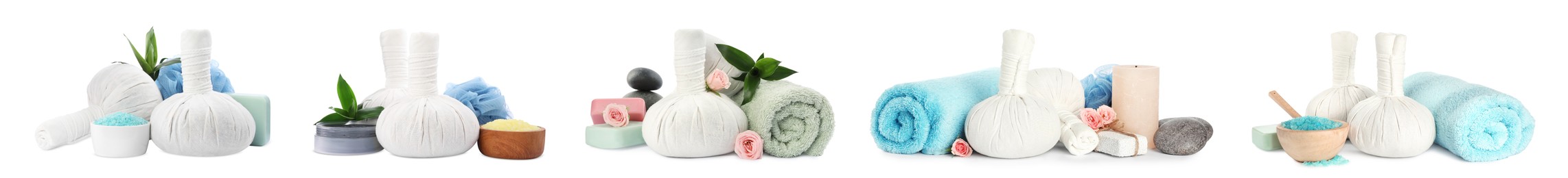 Set with herbal massage bags and different spa supplies on white background. Banner design