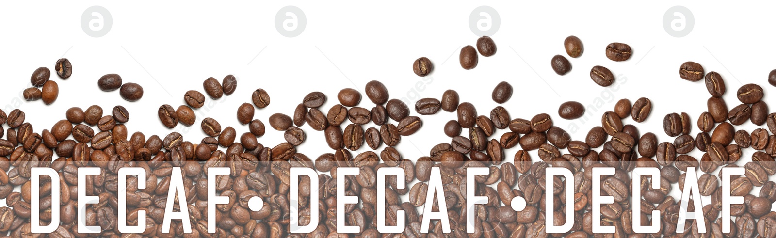 Image of Many decaf coffee beans on white background, top view. Banner design