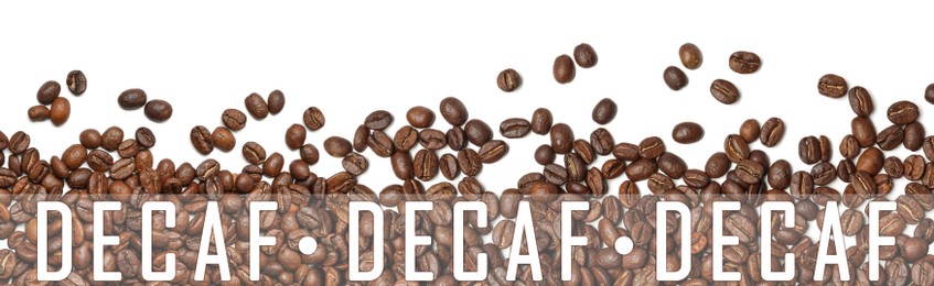 Image of Many decaf coffee beans on white background, top view. Banner design