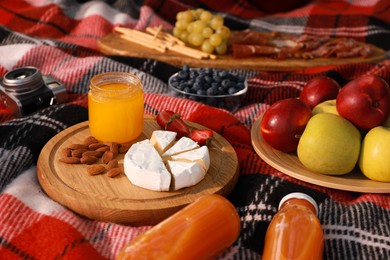 Photo of Delicious food and drinks on plaid. Summer picnic