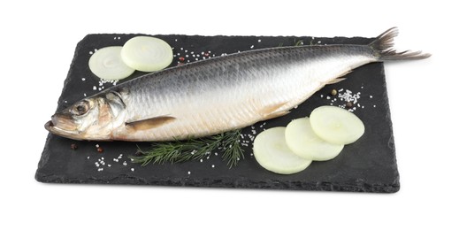 Photo of Slate plate with salted herring, onion, dill and spices isolated on white