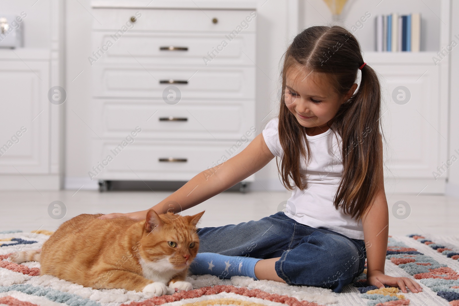 Photo of Smiling little girl petting cute ginger cat on carpet at home, space for text