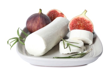 Photo of Delicious goat cheese with fresh figs and rosemary on white background