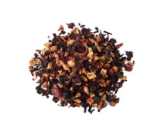Photo of Pile of dried herbal tea leaves with fruits on white background, top view