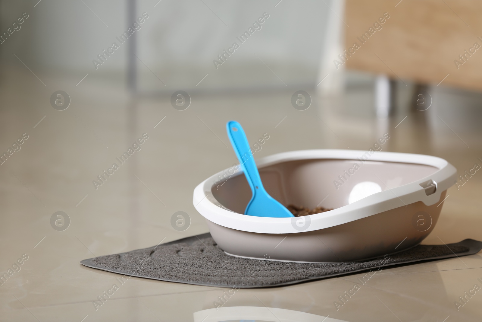 Photo of Cat litter tray and scoop on floor in bathroom. Space for text