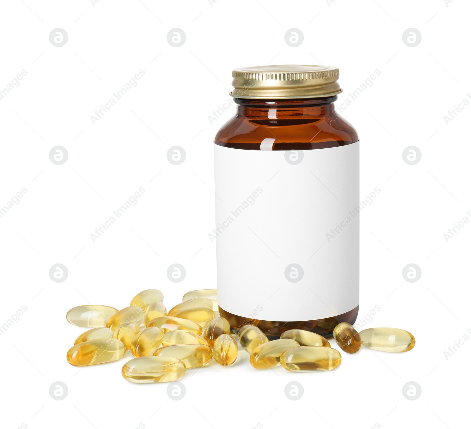 Photo of Bottle and pile of softgel capsules isolated on white