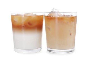 Photo of Glasses of fresh iced coffee isolated on white