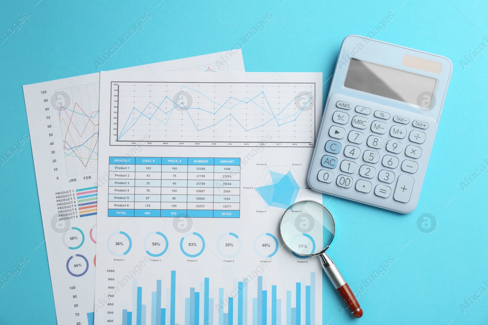 Photo of Accounting documents, magnifying glass and calculator on light blue background, flat lay