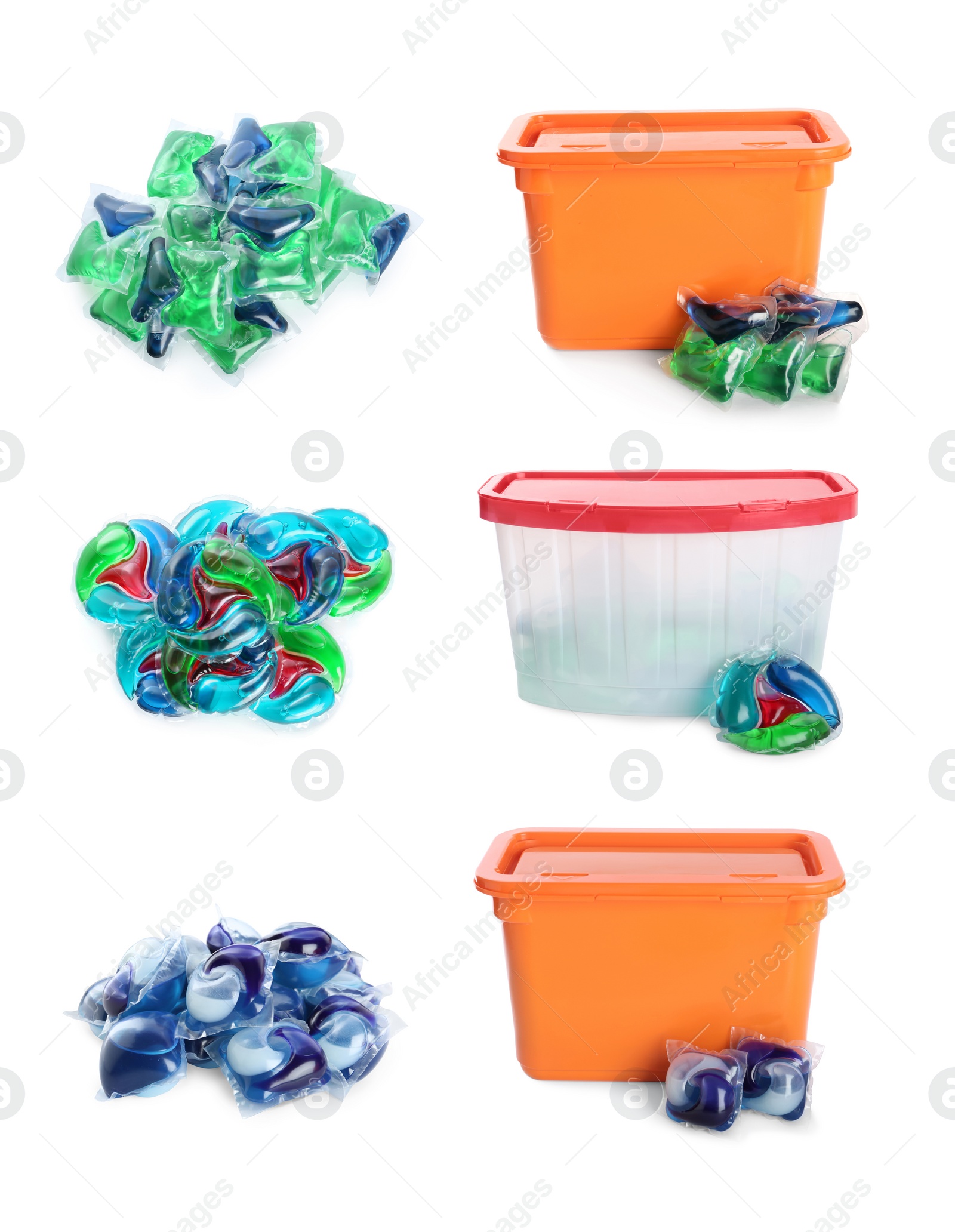 Image of Set with laundry capsules on white background. Detergent pods