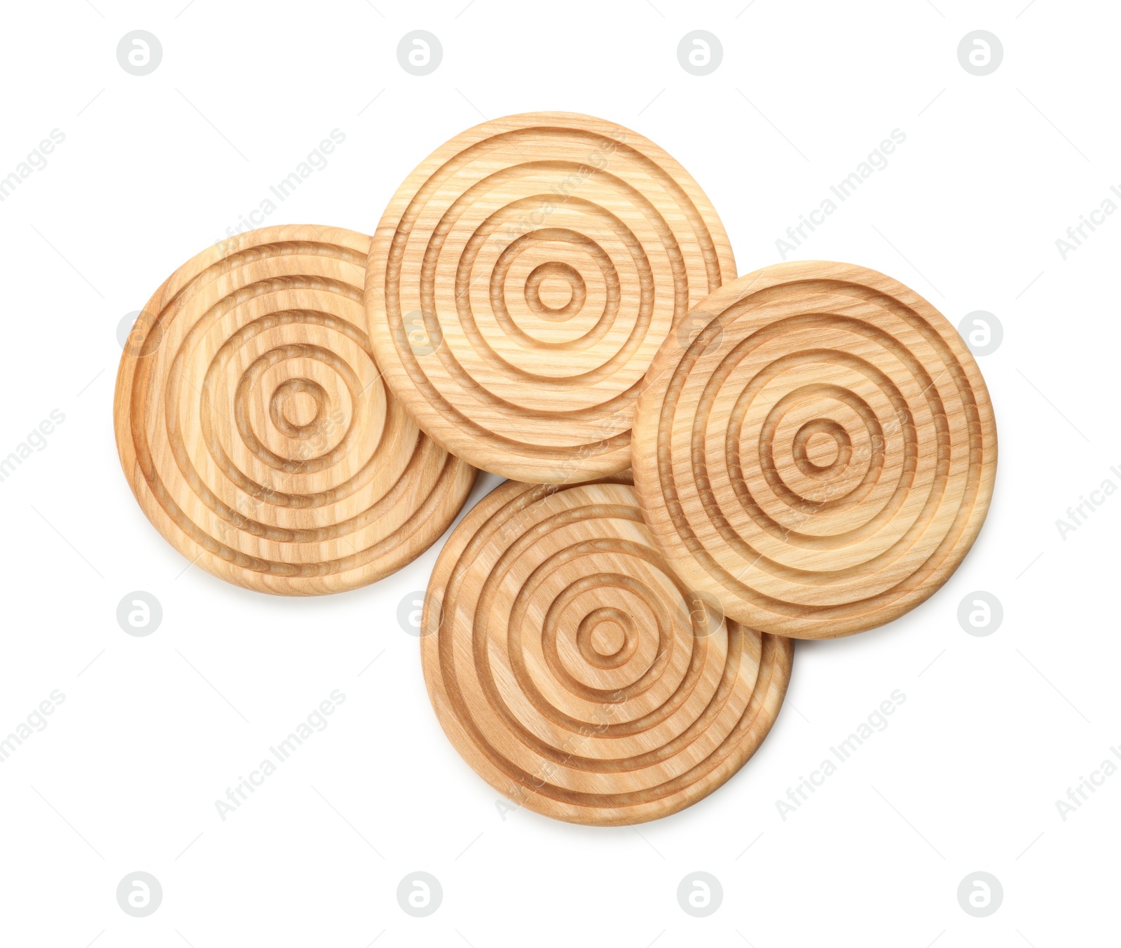 Photo of Wooden cup coasters on white background, top view