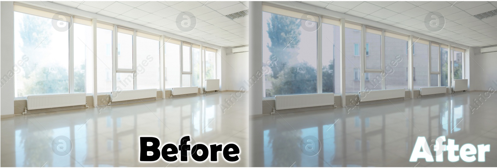 Image of Empty room with windows before and after tinting