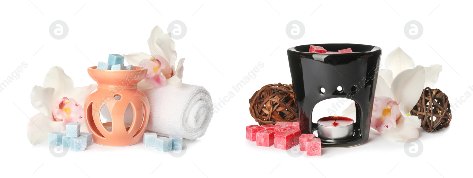 Image of Different stylish aroma lamps with essential wax cubes on white background, collage. Banner design