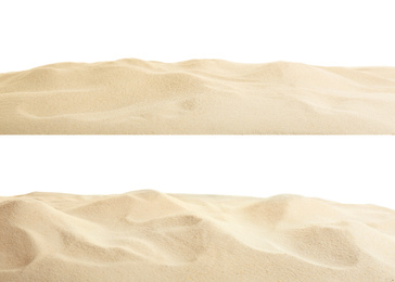 Image of Heaps of dry beach sand on white background