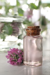 Beautiful clover flower and bottle of essential oil on white wooden table