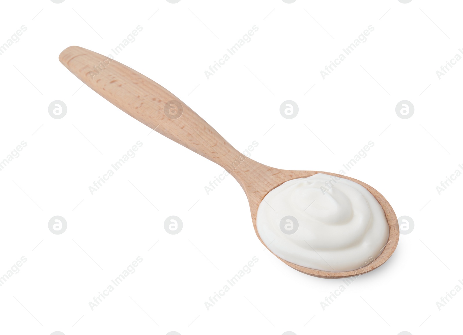 Photo of Delicious natural yogurt in spoon isolated on white