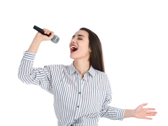 Photo of Young woman wearing casual clothes singing in microphone on white background