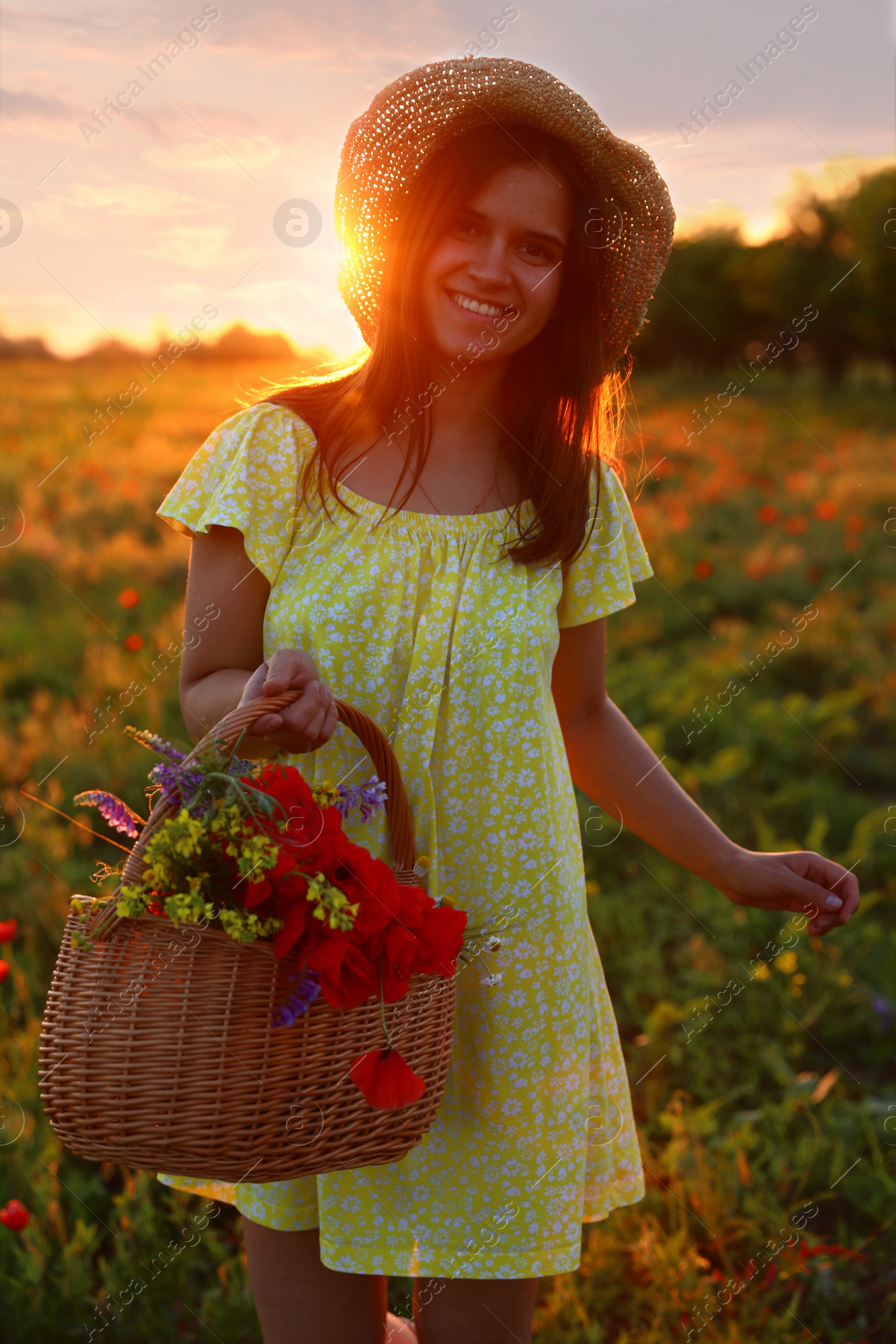 Photo of Woman with basket of poppies and wildflowers in beautiful field at sunset