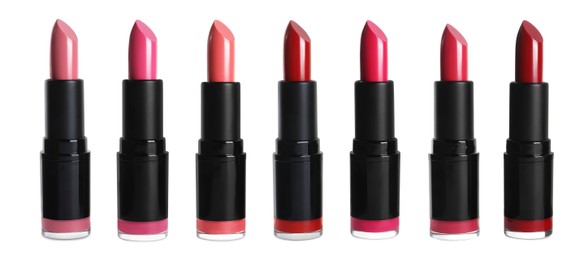 Image of Set with different beautiful lipsticks on white background. Banner design