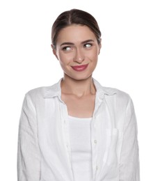 Embarrassed young woman in shirt on white background