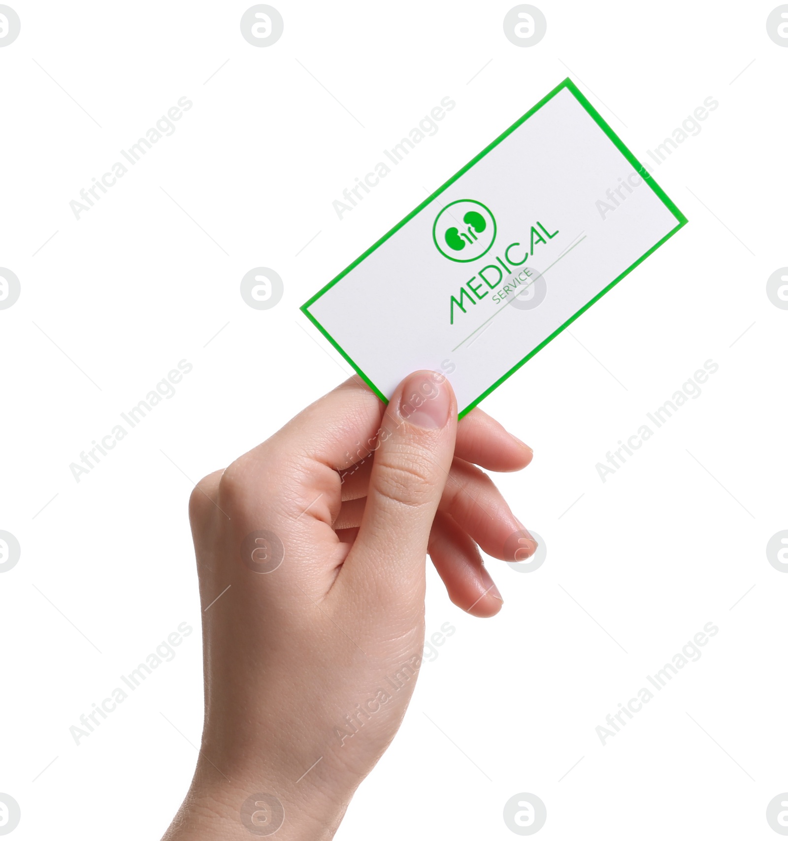 Photo of Woman holding medical business card isolated on white, closeup. Nephrology service